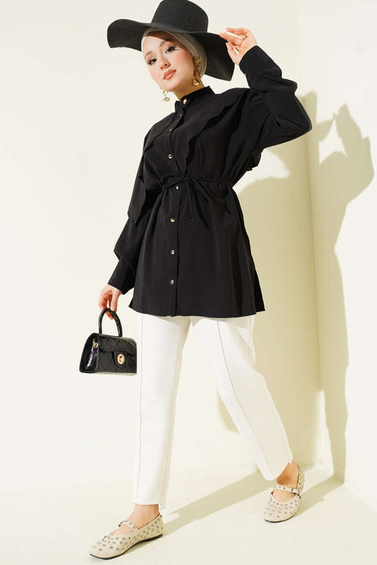 Apoletli Pelerinli Modal Gömlek Siyah