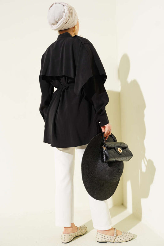 Apoletli Pelerinli Modal Gömlek Siyah