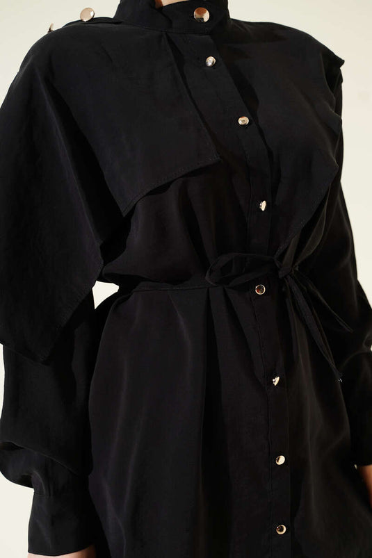 Black Modal Shirt with Epaulets and Cape