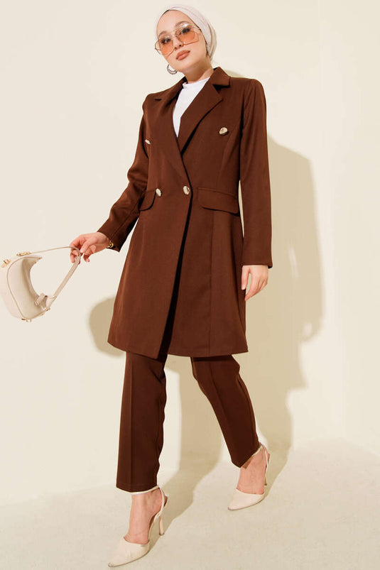 Veste blazer croisée marron, costume deux pièces