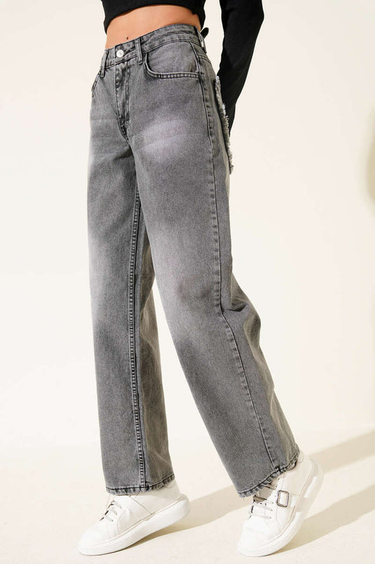 Back Pocket Tassel Denim Pants Smoke Gray