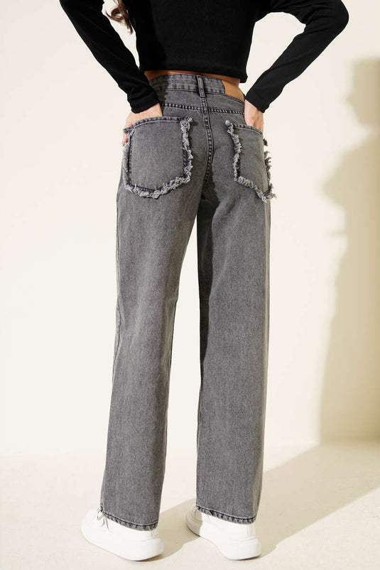 Back Pocket Tassel Denim Pants Smoke Gray