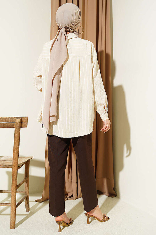 Arka Doppel-Falten Gestreiftes Hemd Beige