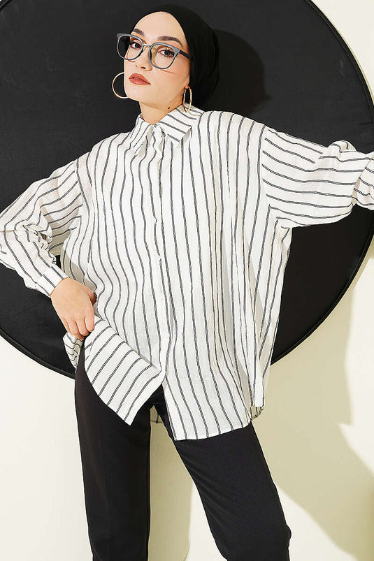 Arka Double Pleated Striped Shirt White
