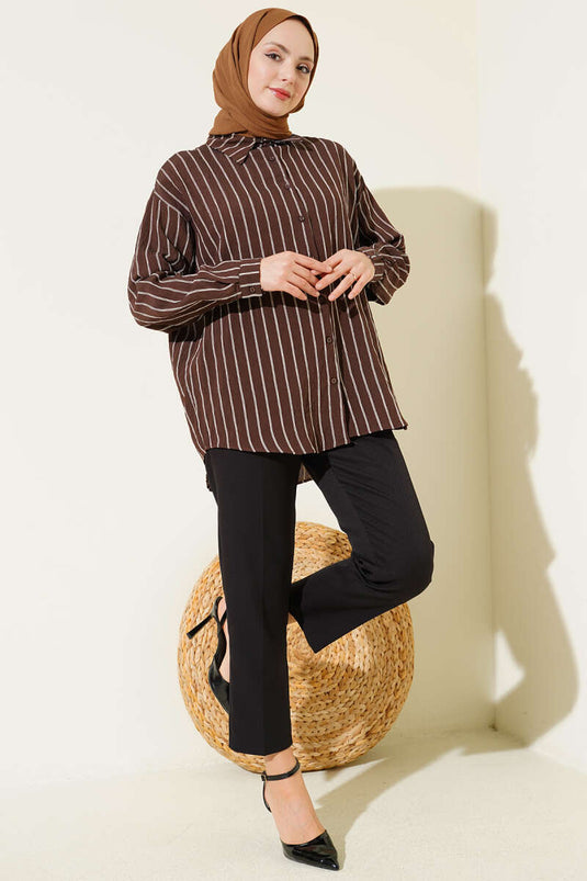 Back Double Pleated Striped Shirt Brown