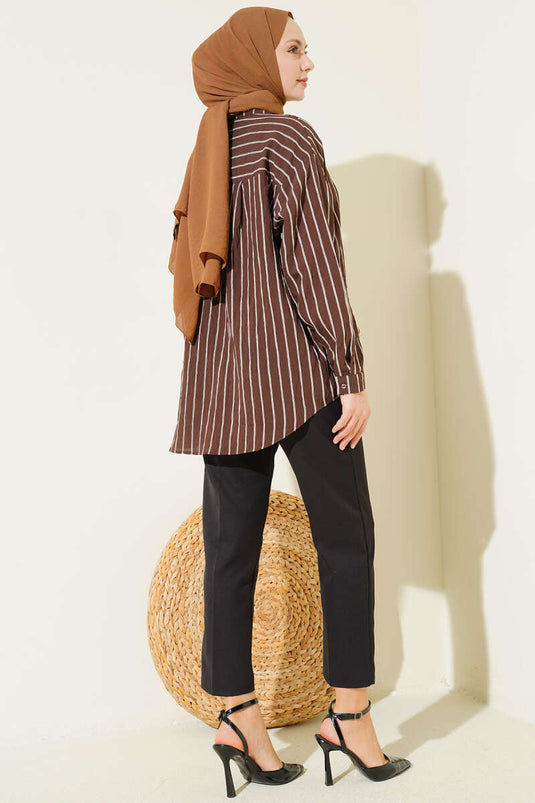 Back Double Pleated Striped Shirt Brown