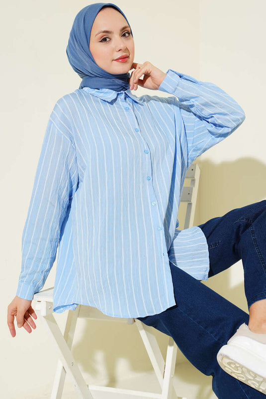 Arka dubbele geplooide gestreepte blouse blauw
