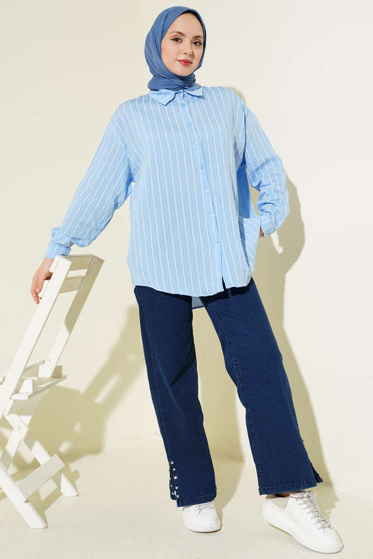 Arka dubbele geplooide gestreepte blouse blauw