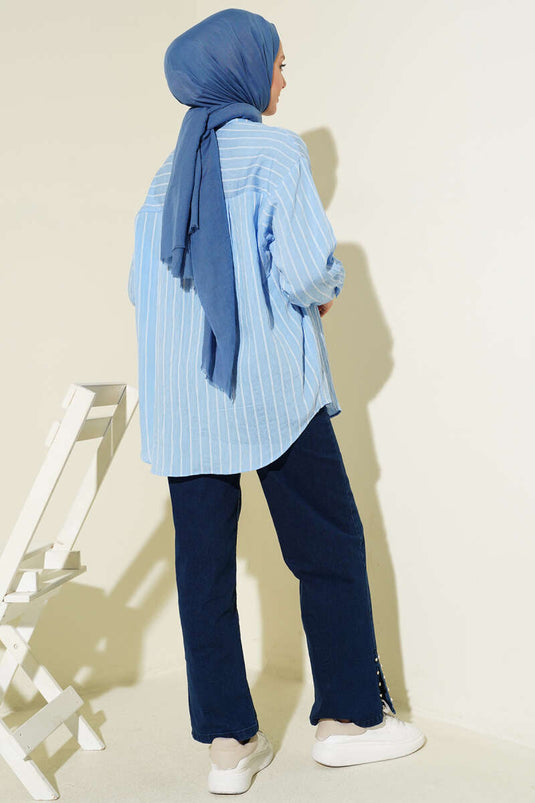 Arka dubbele geplooide gestreepte blouse blauw