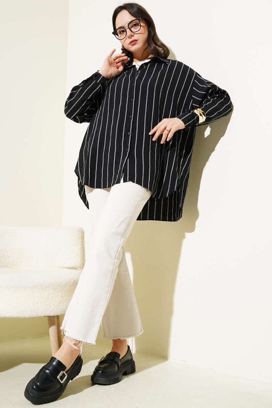 Arka Çift Pileli Çizgili Gömlek Siyah
