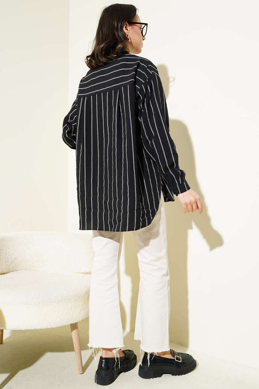 Arka Çift Pileli Çizgili Gömlek Siyah