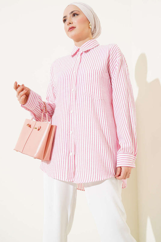 Back Pleated Striped Shirt Fuchsia