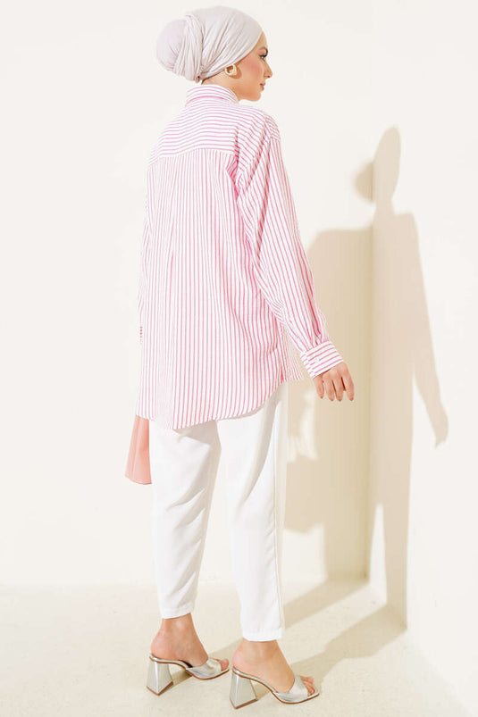 Back Pleated Striped Shirt Fuchsia