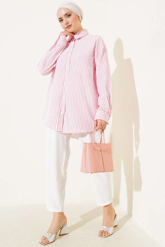 Back Pleated Striped Shirt Fuchsia