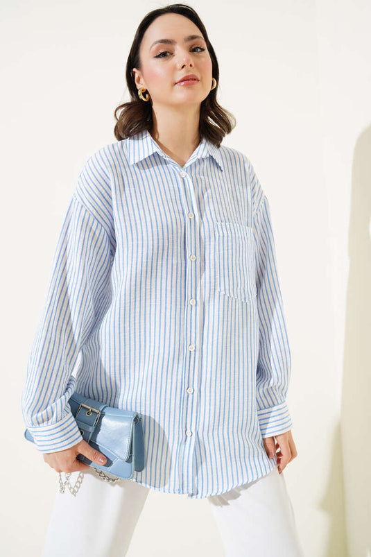 Back Pleated Striped Shirt Indigo