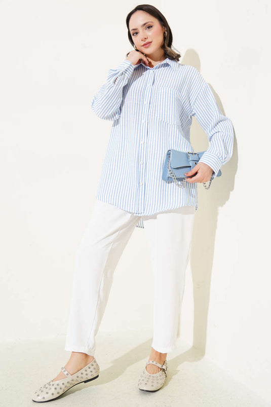 Back Pleated Striped Shirt Indigo