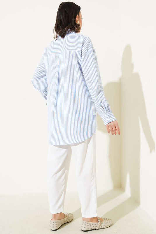 Back Pleated Striped Shirt Indigo