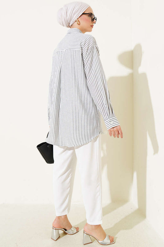 Back Pleated Striped Shirt Black