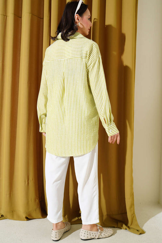 Back Pleated Striped Shirt Green