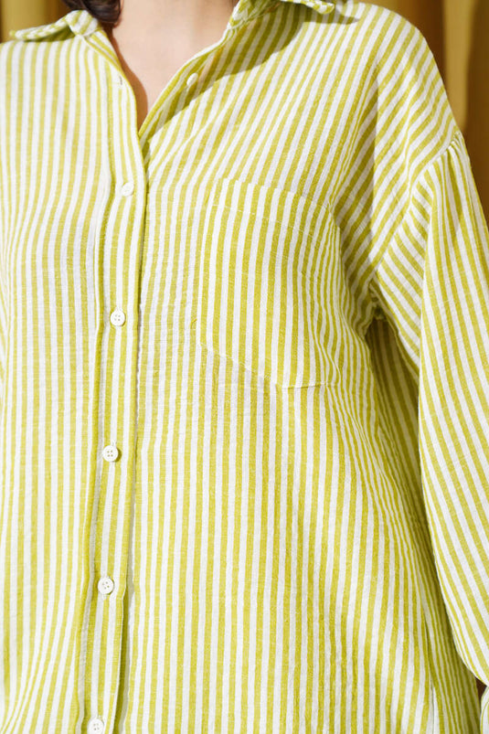 Back Pleated Striped Shirt Green