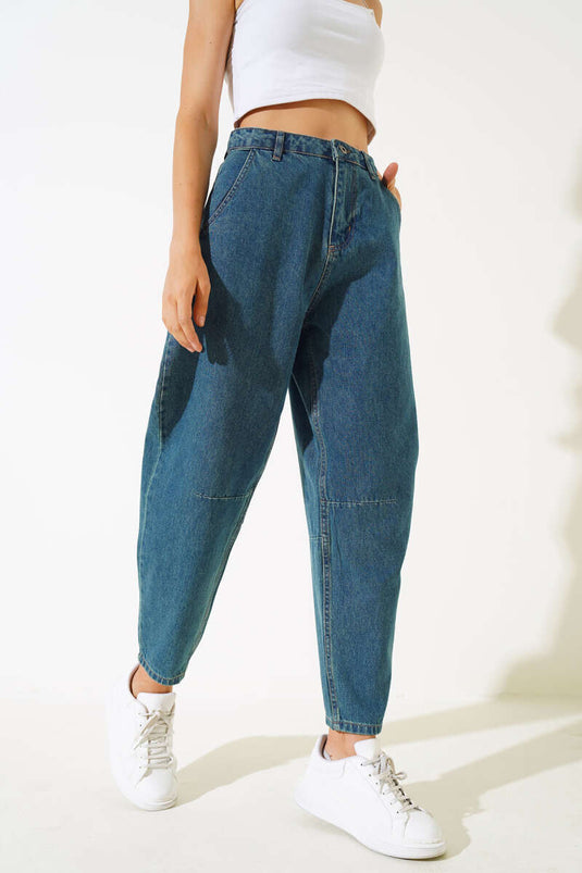 Arka Tokalı Diz Pensli Kot Pantolon Yeşil Tint