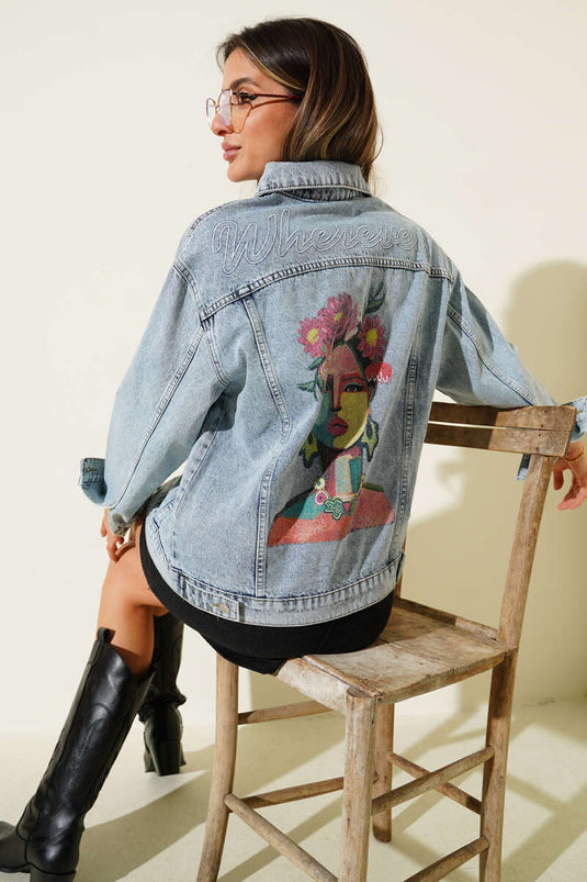 Veste imprimée en denim bleu