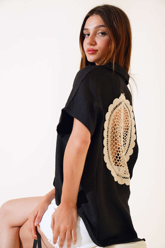 Black Poor Sleeve Shirt with Lace Back