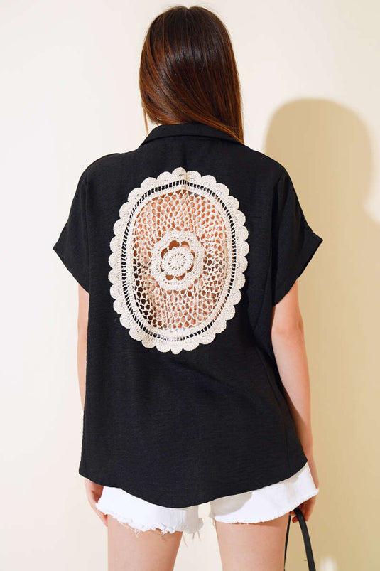 Black Poor Sleeve Shirt with Lace Back