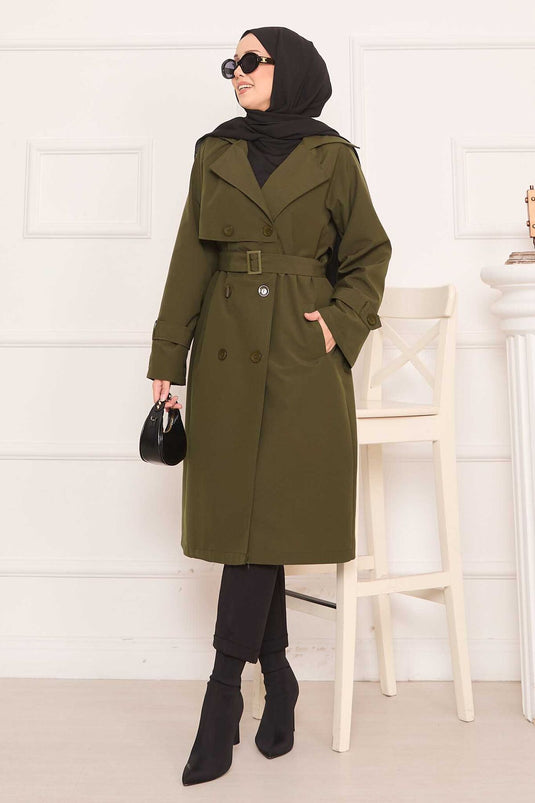 معطف ترنش حجاب قابل للإزالة مزود بحزام مع تفاصيل أزرار على الظهر - كاكي