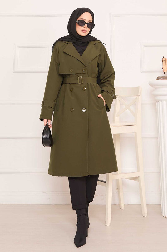 معطف ترنش حجاب قابل للإزالة مزود بحزام مع تفاصيل أزرار على الظهر - كاكي