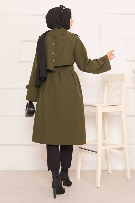 معطف ترنش حجاب قابل للإزالة مزود بحزام مع تفاصيل أزرار على الظهر - كاكي