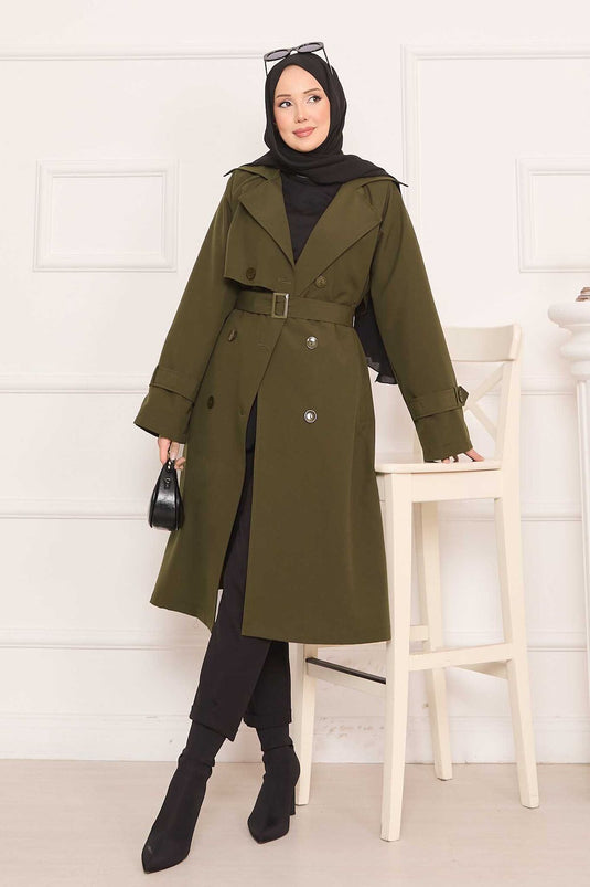 معطف ترنش حجاب قابل للإزالة مزود بحزام مع تفاصيل أزرار على الظهر - كاكي