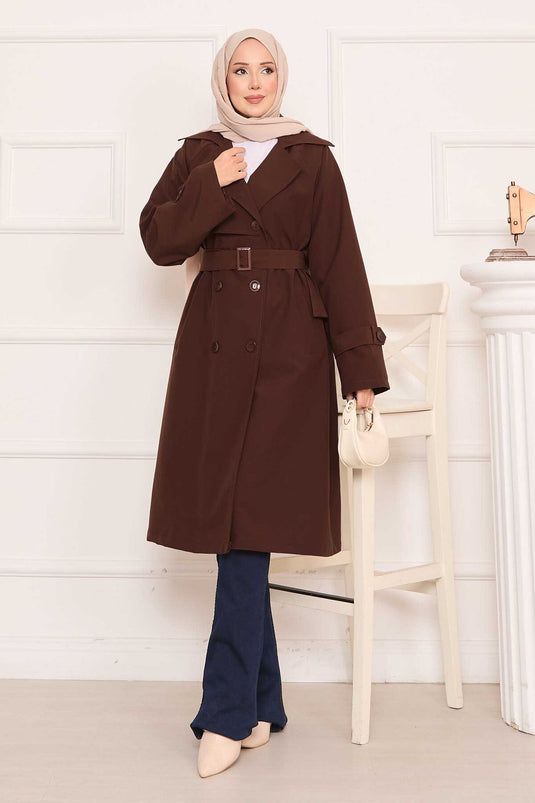Removable Belted Hijab Trench Coat with Button Detail on the Back, Brown