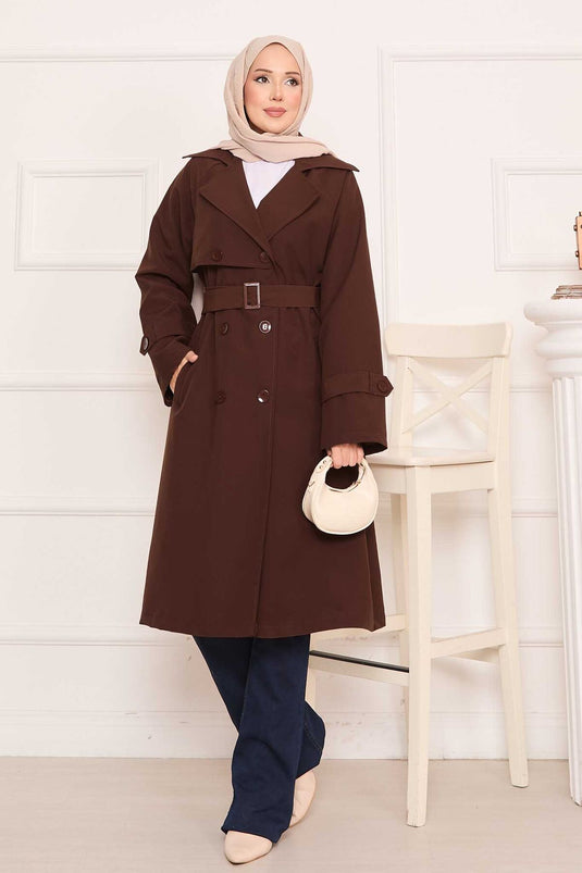 Removable Belted Hijab Trench Coat with Button Detail on the Back, Brown