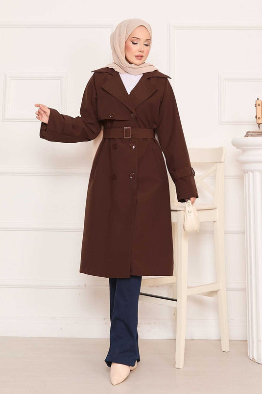 Removable Belted Hijab Trench Coat with Button Detail on the Back, Brown