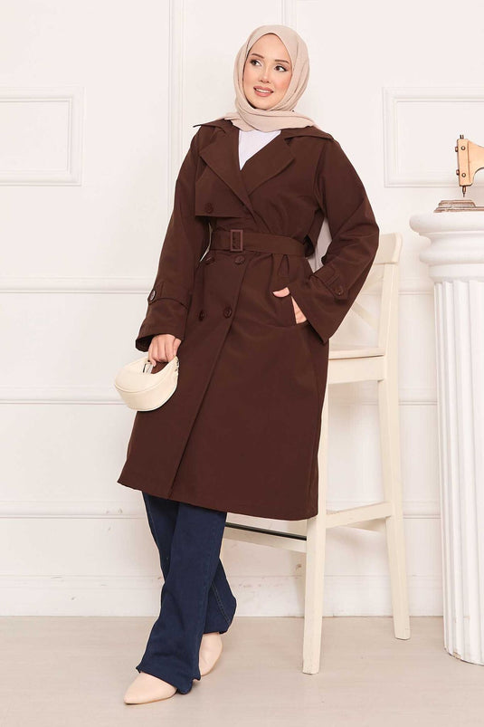 Removable Belted Hijab Trench Coat with Button Detail on the Back, Brown