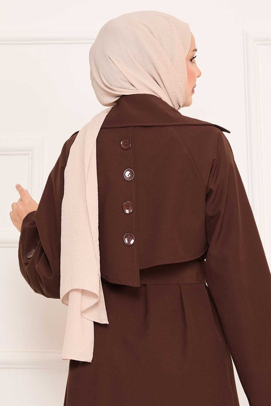 Removable Belted Hijab Trench Coat with Button Detail on the Back, Brown