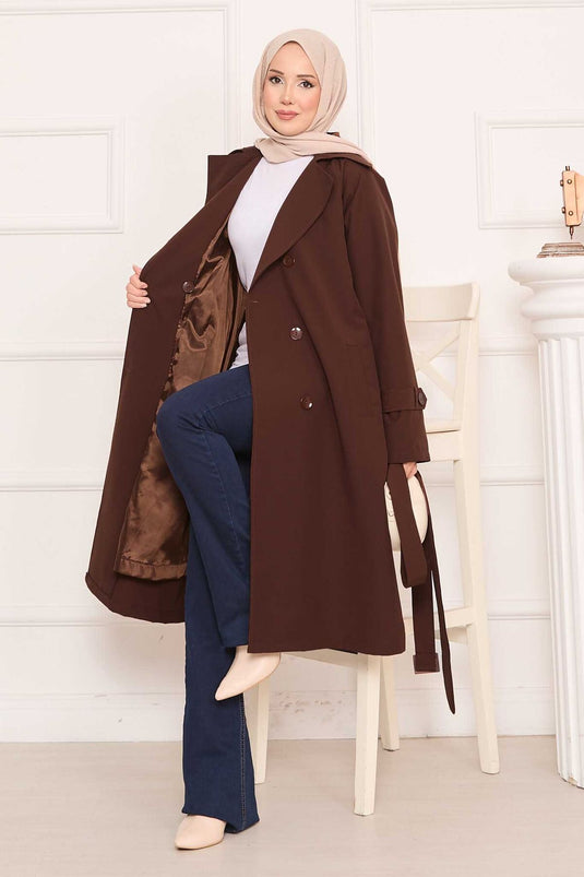 Removable Belted Hijab Trench Coat with Button Detail on the Back, Brown