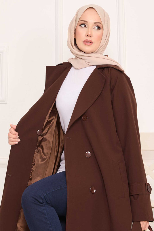Removable Belted Hijab Trench Coat with Button Detail on the Back, Brown