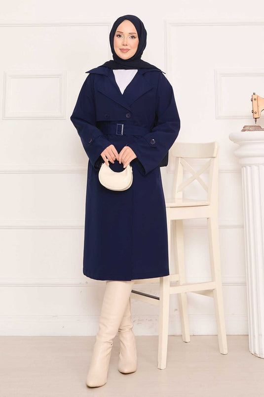 Trench-coat hijab avec ceinture amovible et bouton au dos, bleu marine