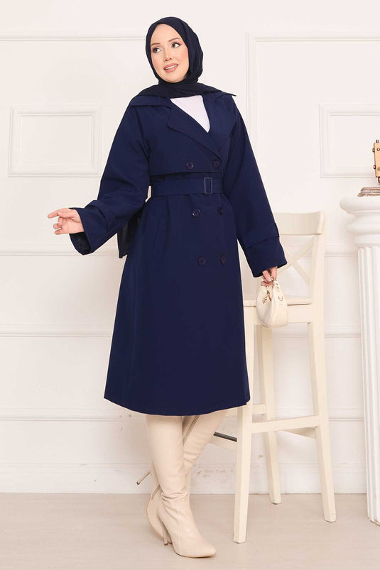 Trench-coat hijab avec ceinture amovible et bouton au dos, bleu marine