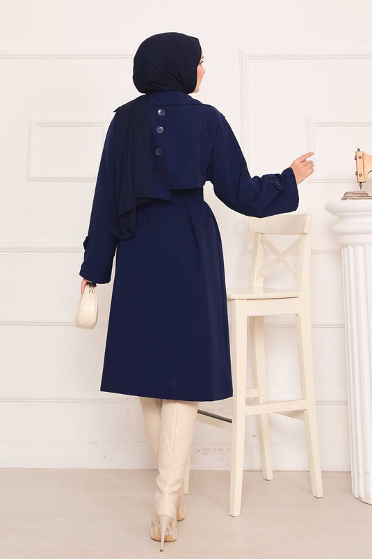 Trench-coat hijab avec ceinture amovible et bouton au dos, bleu marine