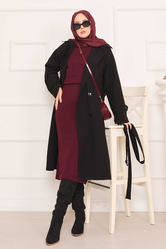 Trench-coat hijab noir avec ceinture amovible et bouton au dos
