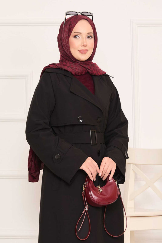 Trench-coat hijab noir avec ceinture amovible et bouton au dos