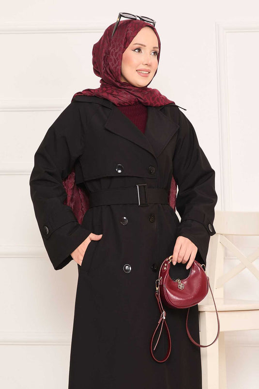 Trench-coat hijab noir avec ceinture amovible et bouton au dos