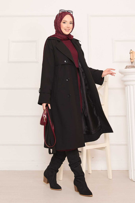 Trench-coat hijab noir avec ceinture amovible et bouton au dos