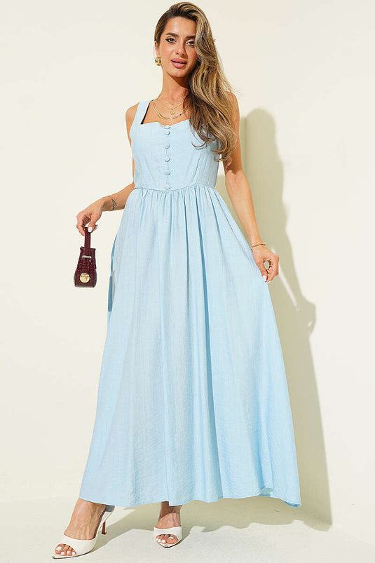 Arkası Gipeli Düğmeli Kloş Elbise Bebe Mavi