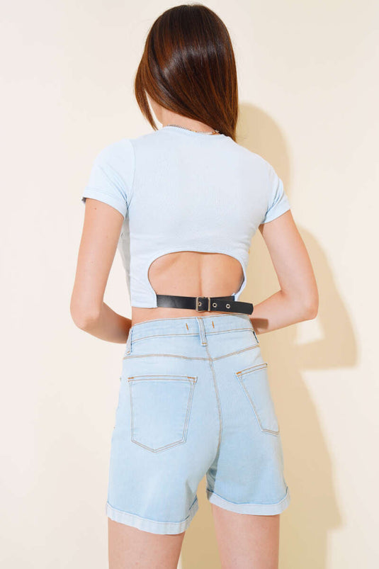 Back Belted Crop Blue
