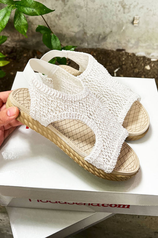 Elastic Back Straw Sandals White
