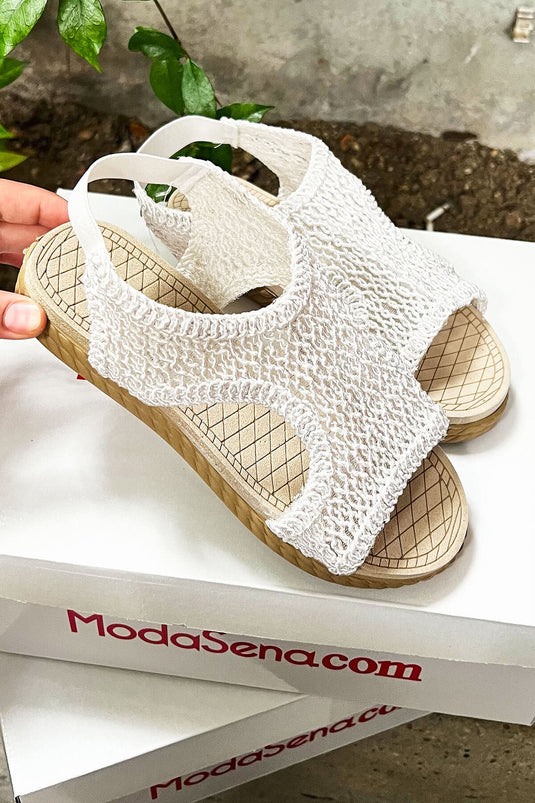 Elastic Back Straw Sandals White
